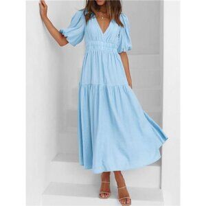 V-Neck Puff Sleeve Midi Dress